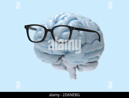 3D brain and eye glasses photo realistic rendering in front view isolated on white background with clipping path for use in any backdrop Stock Photo