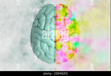 3D human brain rendering in top view with left and right concept in watercolor style on light color background Stock Photo