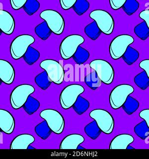 Blue mushrooms, seamless pattern on purple background. Stock Vector
