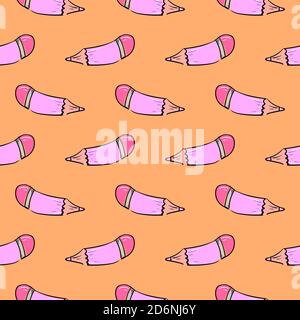 Pink pencils, seamless pattern on orange background. Stock Vector