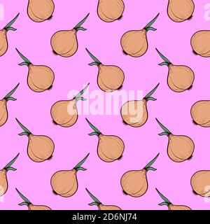 Orange little onions, seamless pattern on pink background. Stock Vector