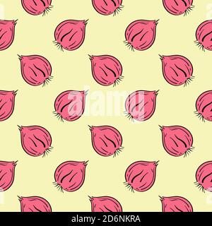 Pink onions, seamless pattern on beige background. Stock Vector