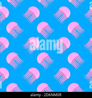 Pink jellyfish, seamless pattern on blue background. Stock Vector