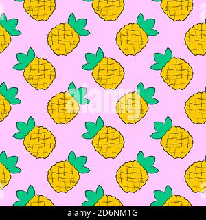 Yellow pineapple, seamless pattern on pink background. Stock Vector