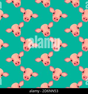 Calf head, seamless pattern on green background. Stock Vector