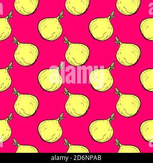 Yellow onions, seamless pattern on pink background. Stock Vector