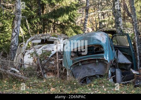 Car cemetery during autumn in Sweden Stock Photo