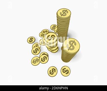 Coin pile set color drawing in top camera view isolated on white background Stock Photo