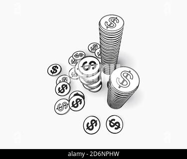 Monochrome coin pile set drawing in top camera view isolated on gold background Stock Photo