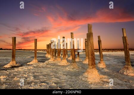 landscape with old wooden pillars in dead salt sea surfase under hot sunset sky Stock Photo