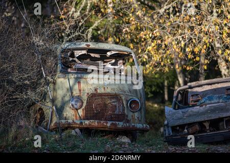 Car cemetery during autumn in Sweden Stock Photo