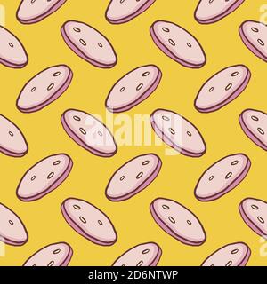 Sausage slices, seamless pattern on yellow background. Stock Vector