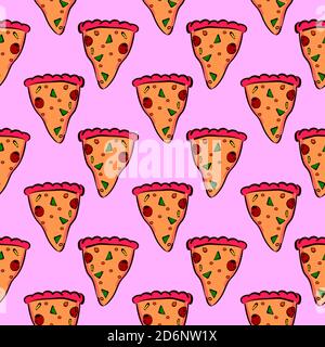 Pizza slice, seamless pattern on pink background. Stock Vector