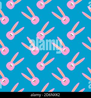 Pink rabbit with long ears, seamless pattern on blue background. Stock Vector