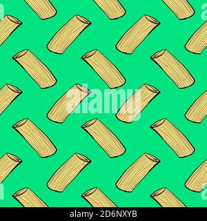 Pasta penne, seamless pattern on green background. Stock Vector