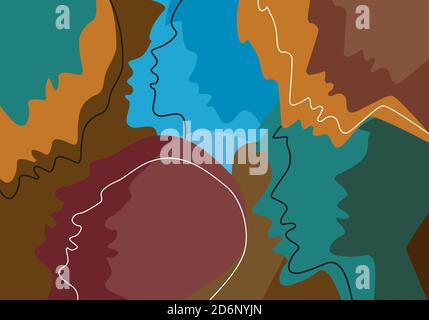 Human heads colored background, emotion,psychology concept. Stylized Illustration of Different people profile heads symbolizing human emotions. Stock Vector
