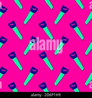 Hand saw, seamless pattern on pink background. Stock Vector