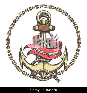 Ship Anchor in ropes chain circle Ribbon with Lettering Anchors Aweigh tattoo in Old school style. Vector illustration. Stock Vector