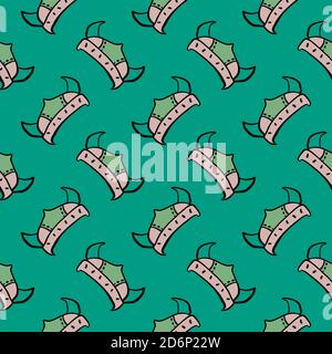 Viking hat, seamless pattern on dark green background. Stock Vector