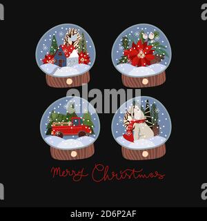 Set of glass balls with snow and Christmas decor. Vector cartoon flat illustration. Stock Vector