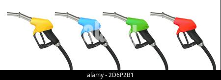 Set of realistic vector illustration of gas gun, gasoline petrol dispenser in different colors with metal nozzle and black handle Stock Vector