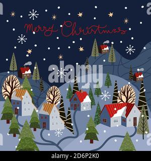 Christmas greeting card with winter mountain landscape and houses. Cartoon flat illustration. Stock Vector