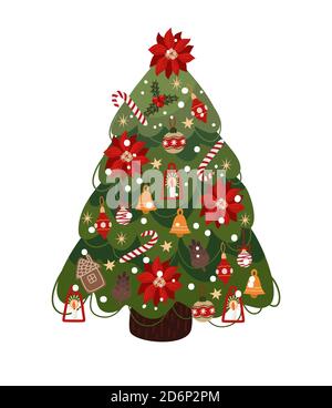 Decorated Christmas tree isolated . Vector cartoon flat illustration. Stock Vector