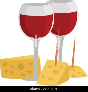 Wine with cheese, illustration, vector on white background Stock Vector
