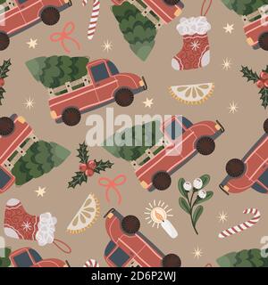 Seanless pattern with red pickup truck with a Christmas tree in the back. Vector cartoon flat illustration. Stock Vector