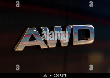 Close-up of four wheel drive sign on a car Stock Photo