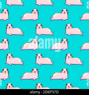 Relaxed seal, seamless pattern on blue background. Stock Vector