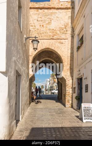 The Jerez Gate, Puerta de Jerez in Tarifa, Costa de la Luz, Andalucia, Spain. Stock Photo