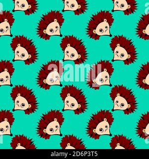 Tired hedgehog, seamless pattern on green background. Stock Vector