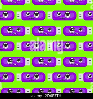 Tired full flashdrive, seamless pattern on green background. Stock Vector