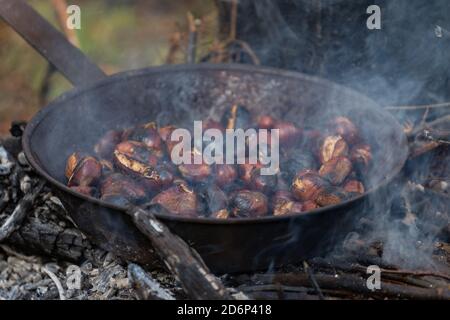 Roasted chestnuts in a pan on the wood fire Stock Photo