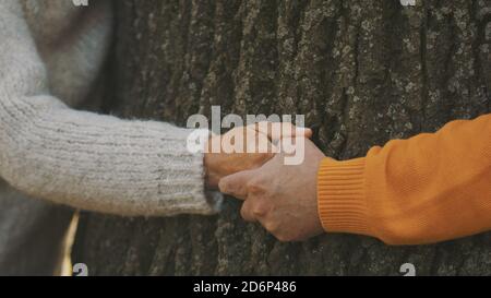 Old couple having romantic autumn day in forest. Hugging tree. Close up on wrinkled hands. High quality photo Stock Photo