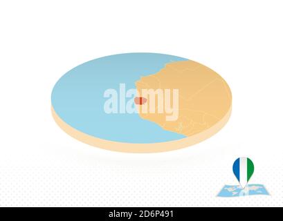 Isometric round map of Sierra Leone and point marker with flag of ...