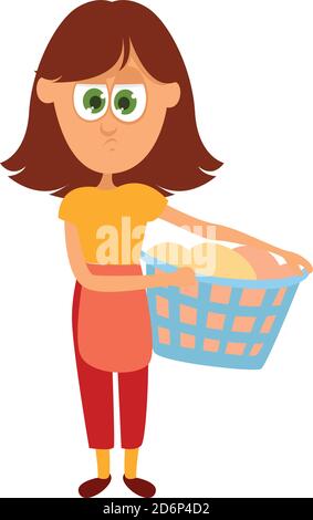 Girl with laundry, illustration, vector on white background Stock Vector