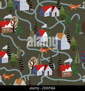 Seamless pattern with winter mountain landscape and small houses. Vector. Stock Vector