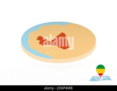 Mali map designed in isometric style, orange circle map of Mali for web, infographic and more. Stock Vector