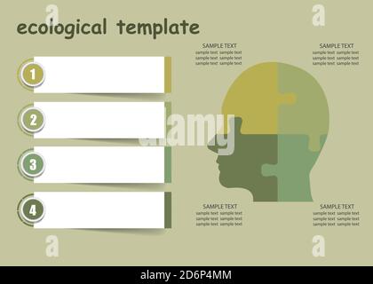 Ecological infographics template vector showing puzzle head of four pieces and four labels  in graduated green color ready for your use. Stock Vector
