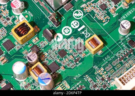 Mother board printed circuit and micro chip close up detail,Tech pc components Stock Photo