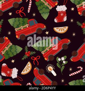 Seanless pattern with red pickup truck with a Christmas tree in the back. Vector cartoon flat illustration. Stock Vector