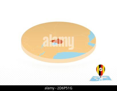 Uganda map in round isometric style with triangular 3D flag of Uganda ...