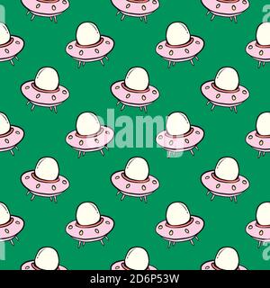 Small UFO,seamless pattern on dark green background. Stock Vector