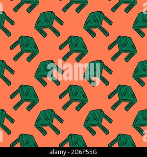 Green wooden chair, seamless pattern on orange background. Stock Vector