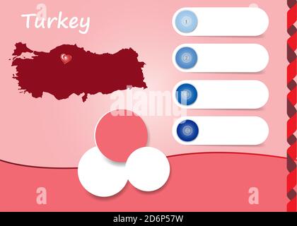 Turkey template vector showing blind map of Turkey with four blank labels and three circles ready for your text. Stock Vector