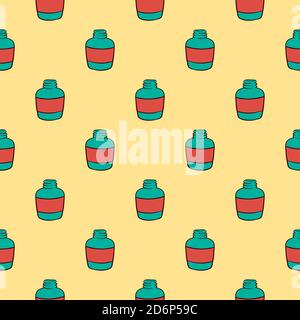 Little green bottle,seamless pattern on beige background. Stock Vector