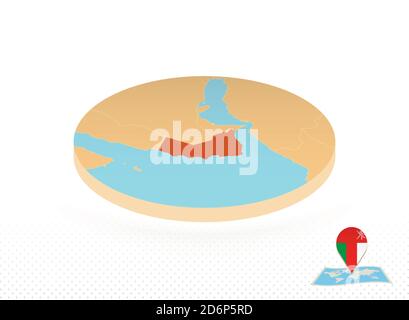 Oman map designed in isometric style, orange circle map of Oman for web, infographic and more. Stock Vector