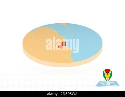 Guyana map designed in isometric style, orange circle map of Guyana for web, infographic and more. Stock Vector